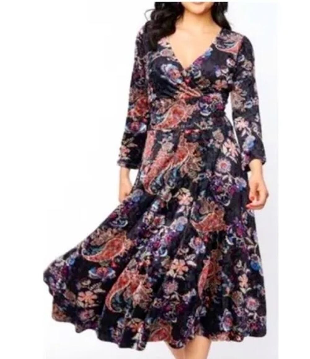 Unique Vintage black floral ribbed velvet gilda swing dress 1x xl 16 nwt Whimsy